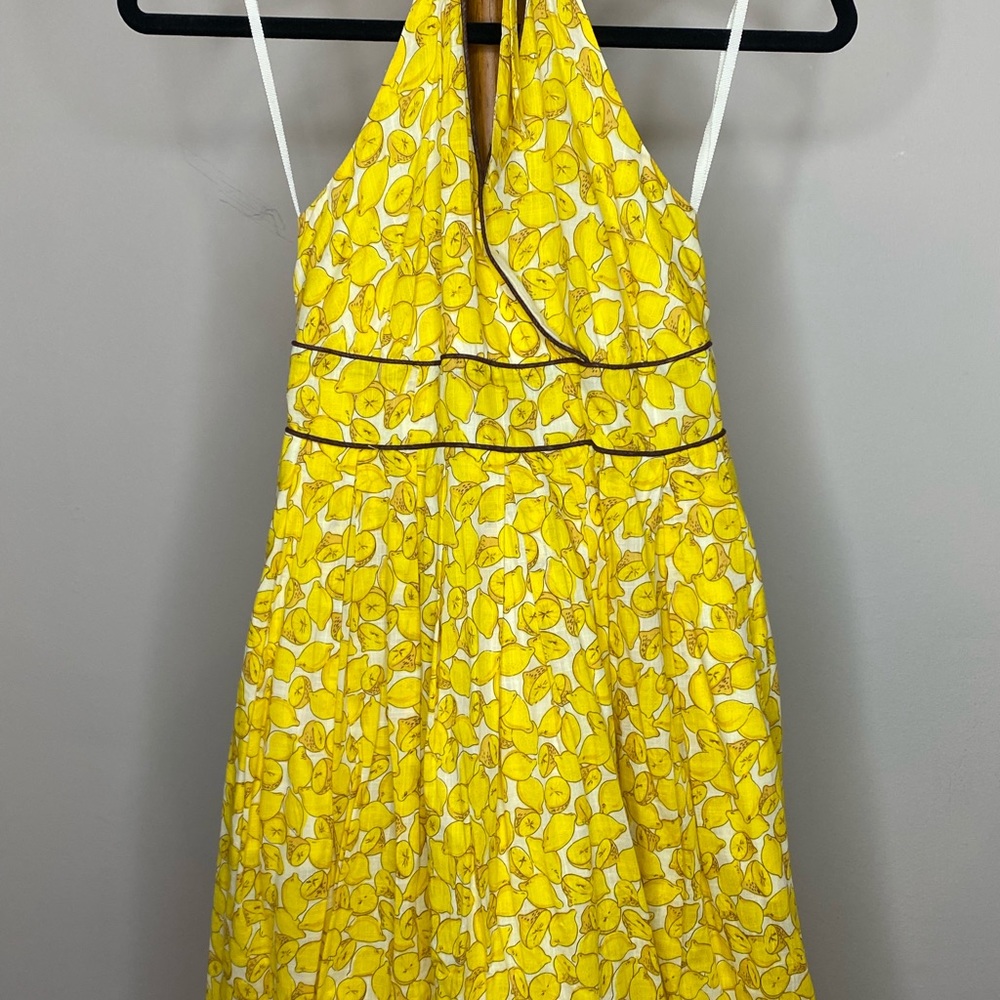 Lemon yellow halter dress from Anthropologie.